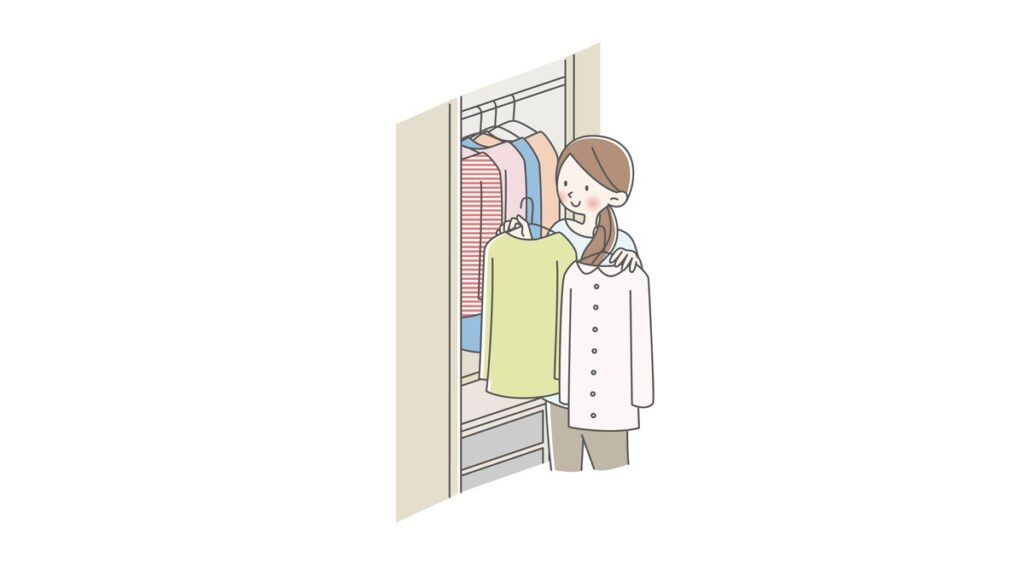 クローゼットで服を選ぶ女性のイラスト