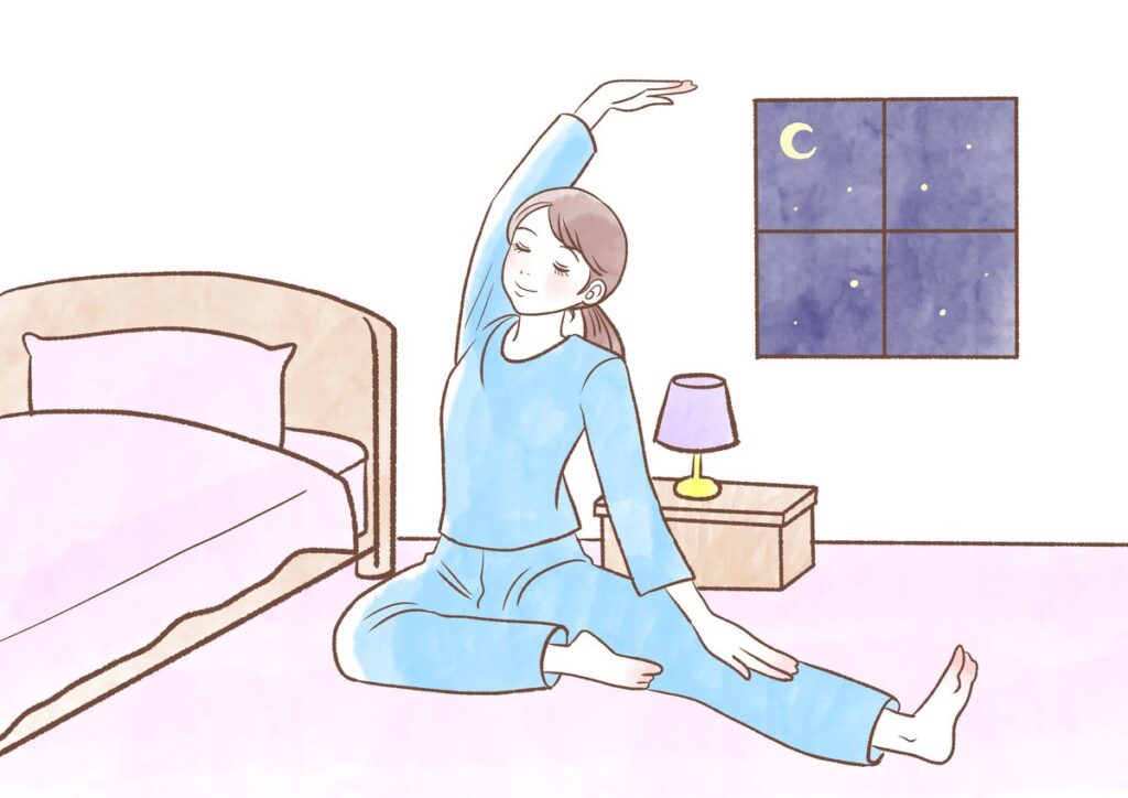夜、寝る前に部屋でストレッチする女性のイラスト